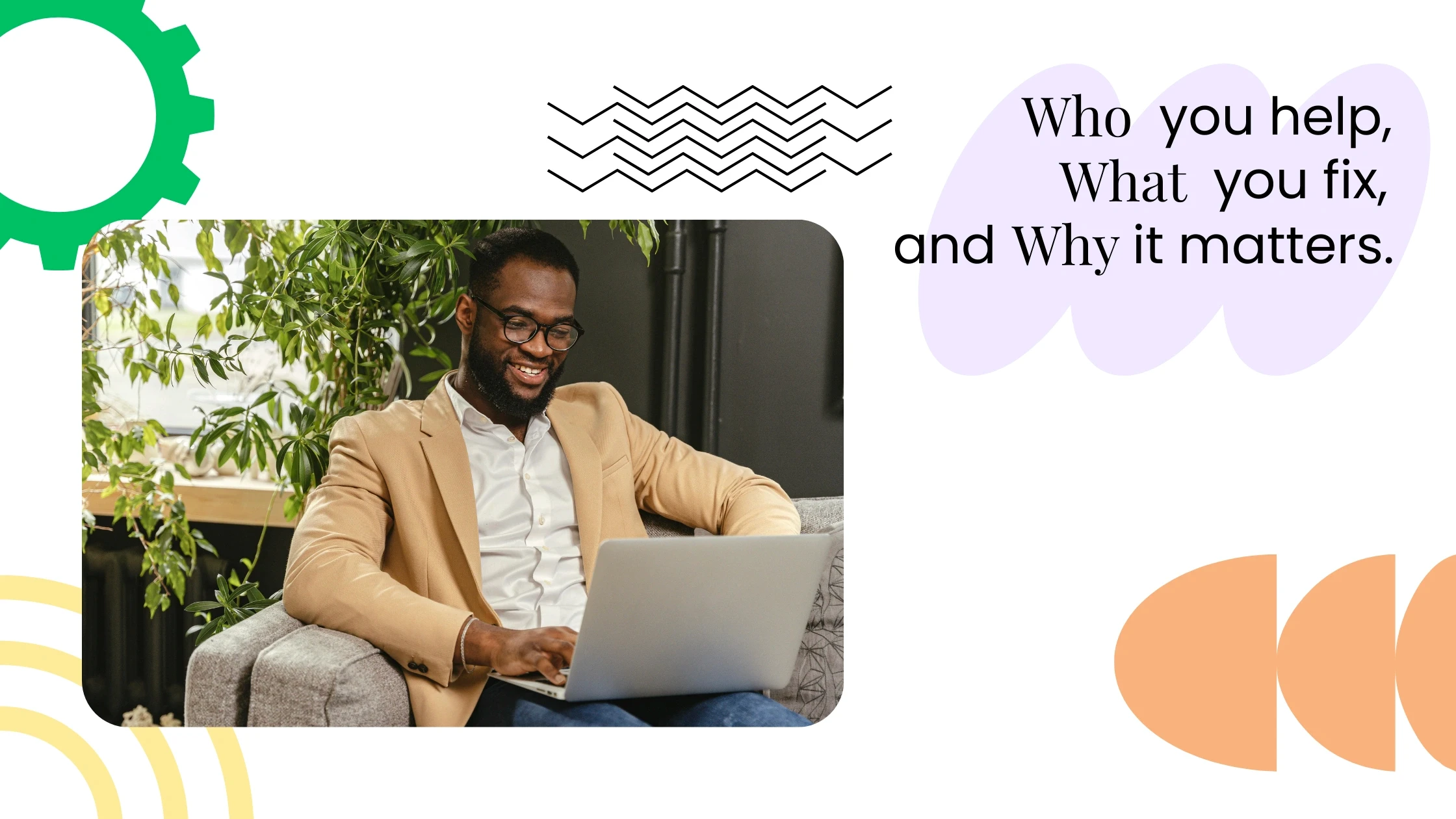 Coach working on a laptop in a relaxed setting, with text outlining who you help, what you fix, and why it matters.