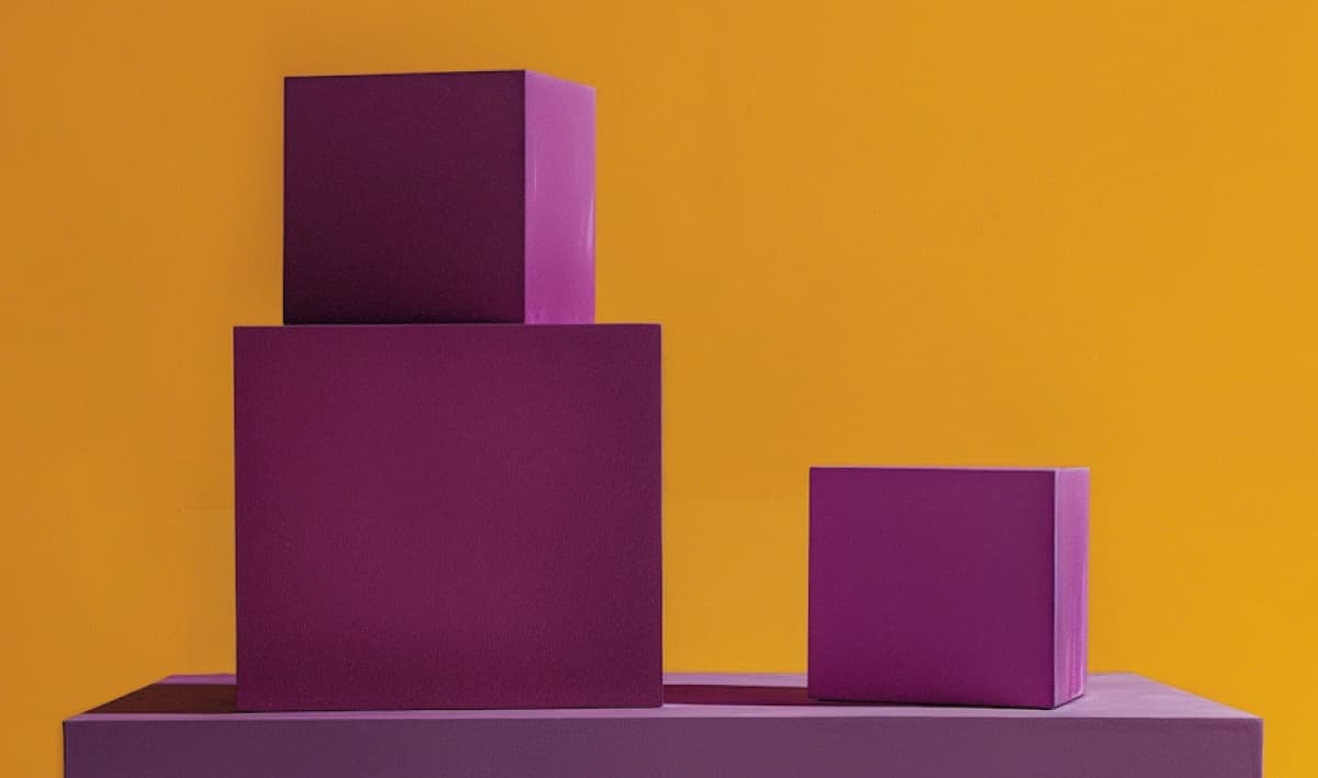 Abstract purple blocks stacked against a yellow background