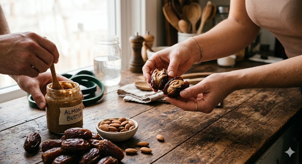 Close-up of hands preparing a healthy snack by filling whole Medjool dates with creamy almond butter, on a rustic wooden counter with bowls of dates and almonds in a bright kitchen.