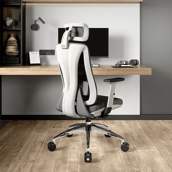 High-back ergonomic office chair, adjustable headrest, minimalist home office furniture, white office chair