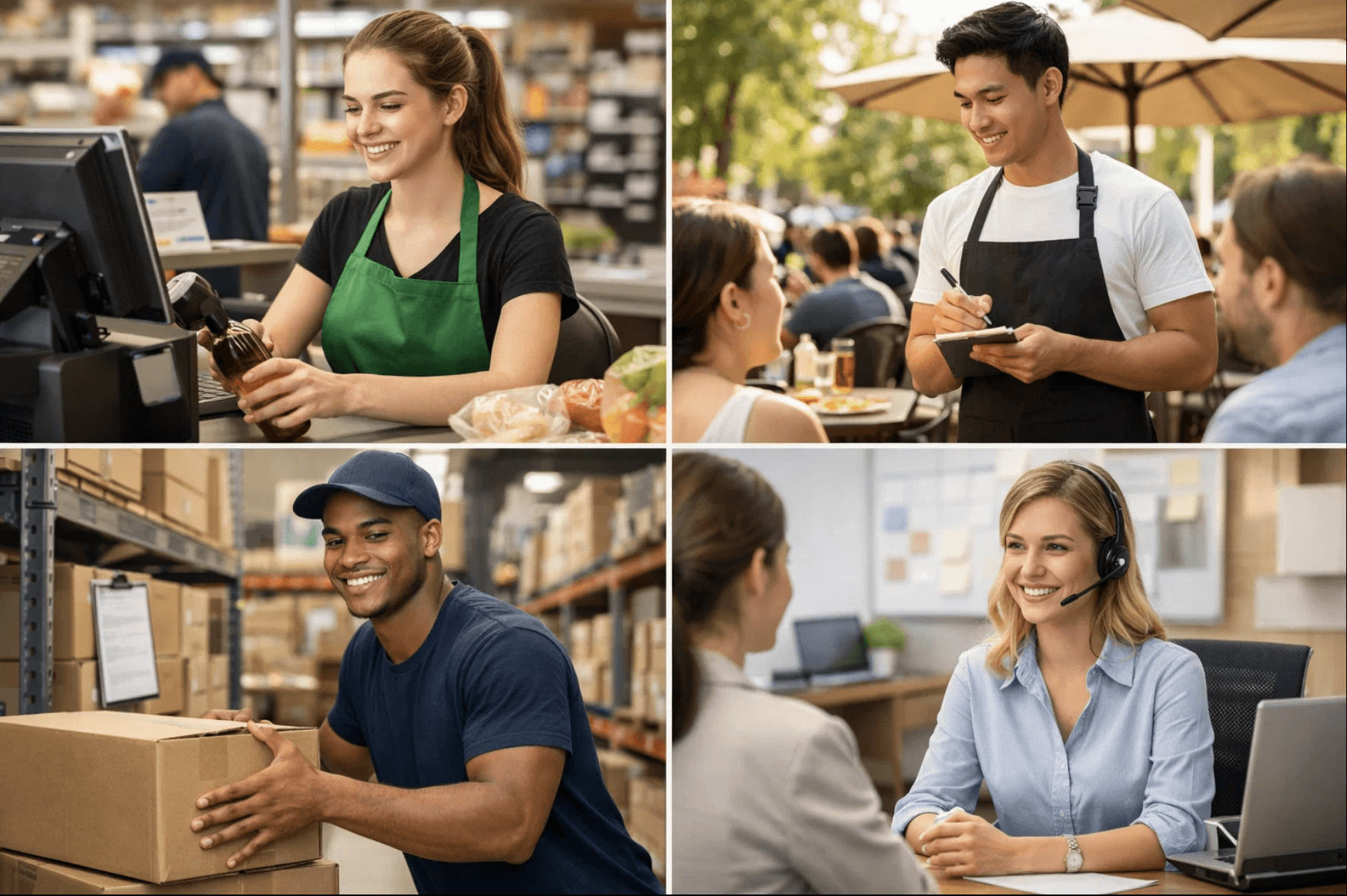 Étudiants effectuant des jobs d’été comme caissier, serveur en restauration et employé logistique, illustrant le recrutement d’étudiants en job d’été comme un investissement RH stratégique pour les entreprises en 2025.