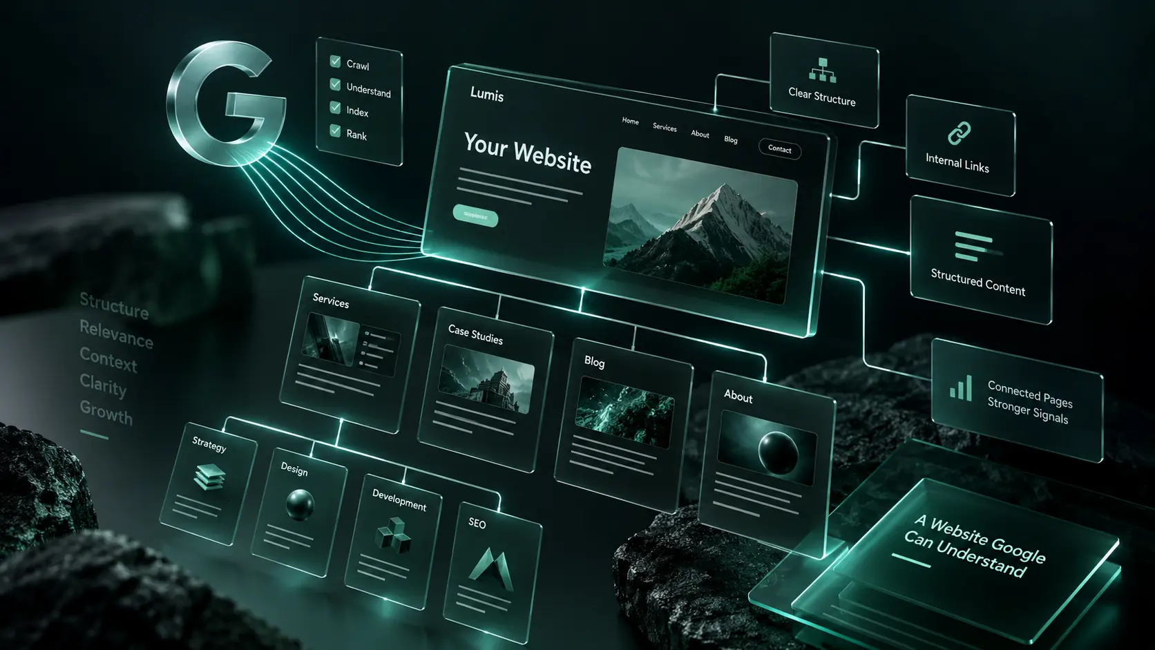 Illustration of a well-structured website showing service pages, internal links, and clear SEO architecture for better Google understanding