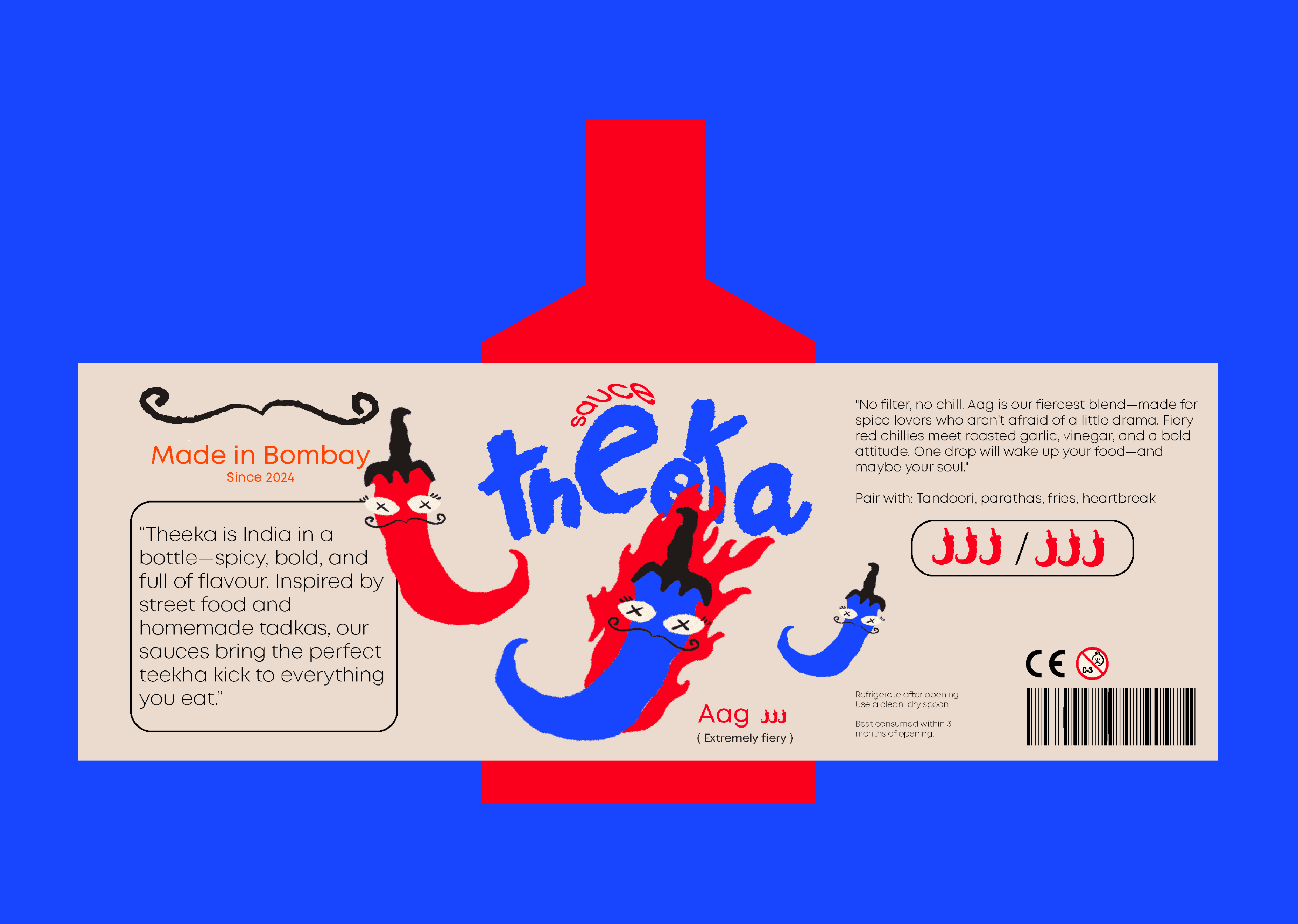 Flat layout of Theeka indian hot sauce bottle labels in three spice levels with vibrant colors, typography and illustrated chilli mascots.