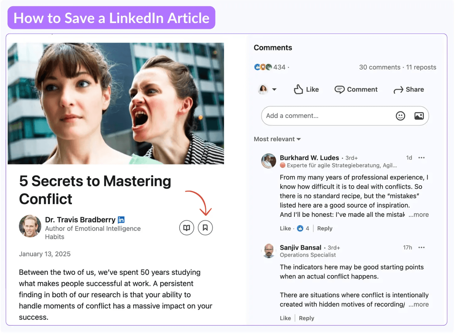 steps on how to save a LinedIn article on LinkedIn