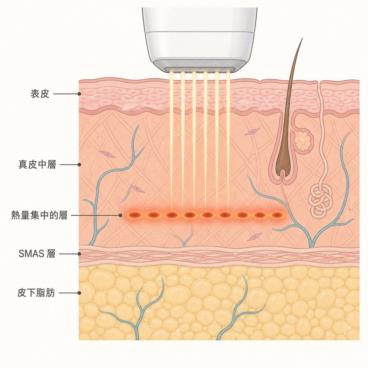臉部皮膚斷面圖，顯示 Sofwave 超音波熱量集中在真皮中層的深度