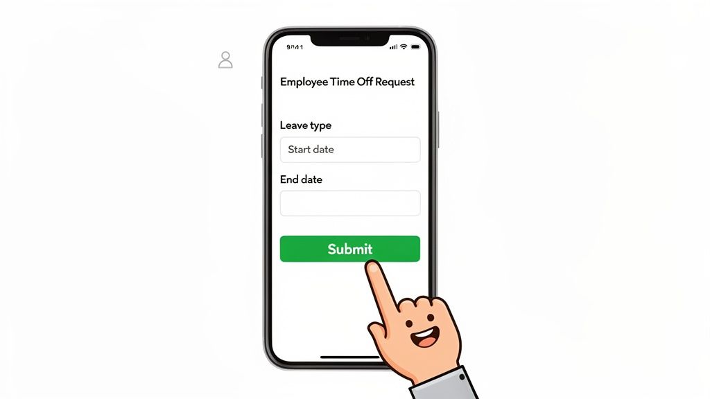 A smartphone screen shows an employee time off request form with a hand pressing the submit button.