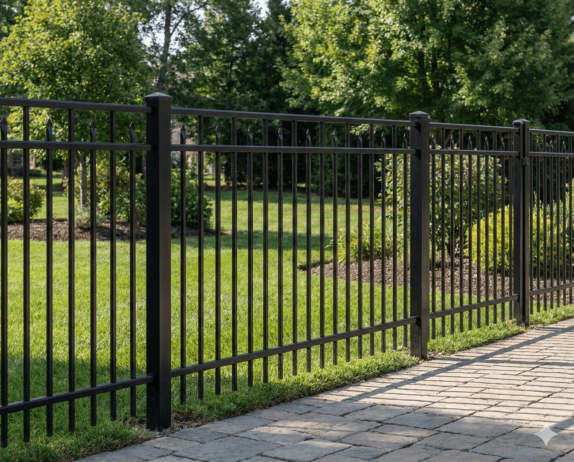 Black Vanguard internal spear aluminum fence installed around a contemporary stone patio.