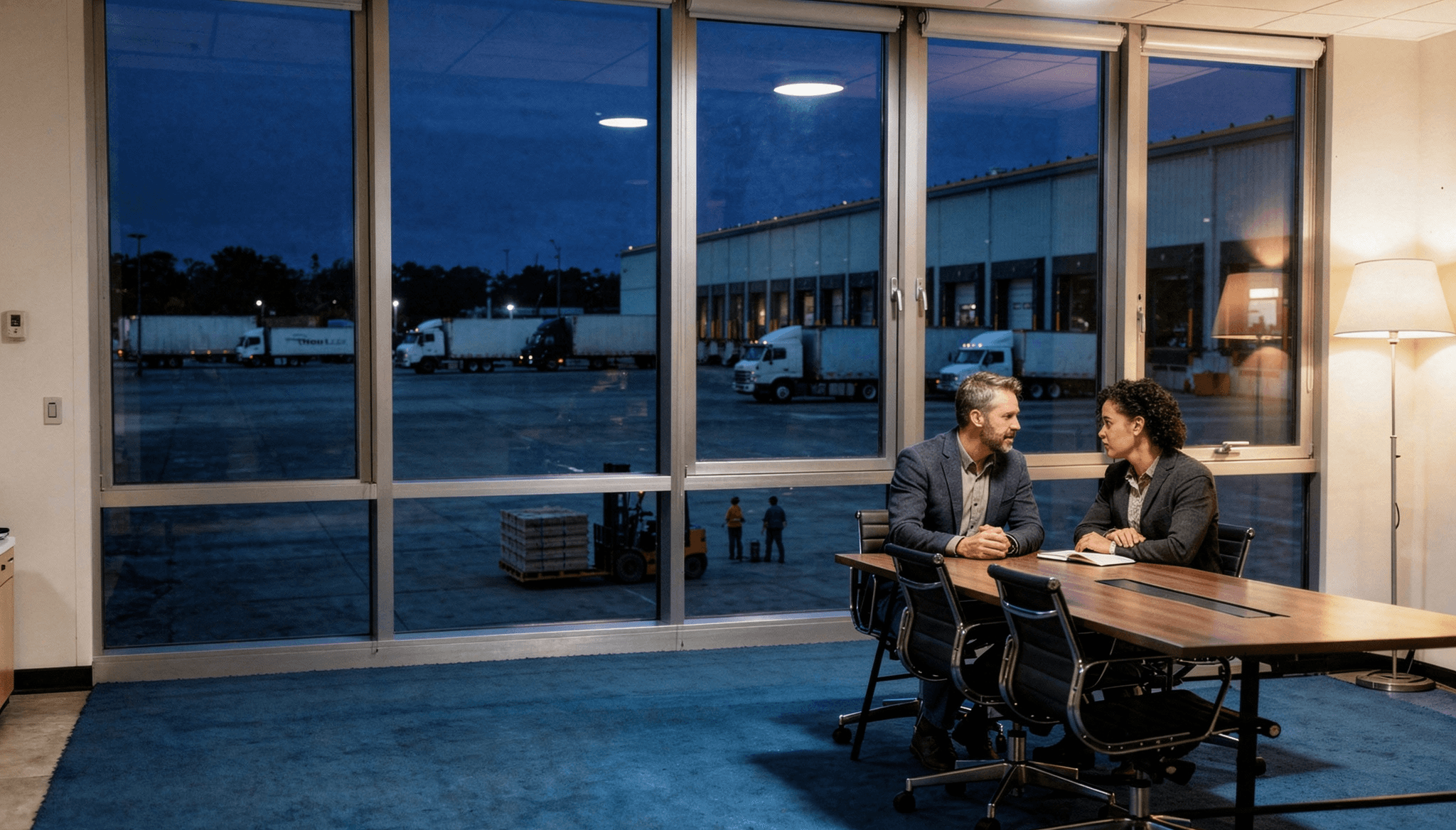 Business owner and advisor in a second-floor conference room overlooking an active distribution yard at blue hour, engaged in a focused operational planning conversation.