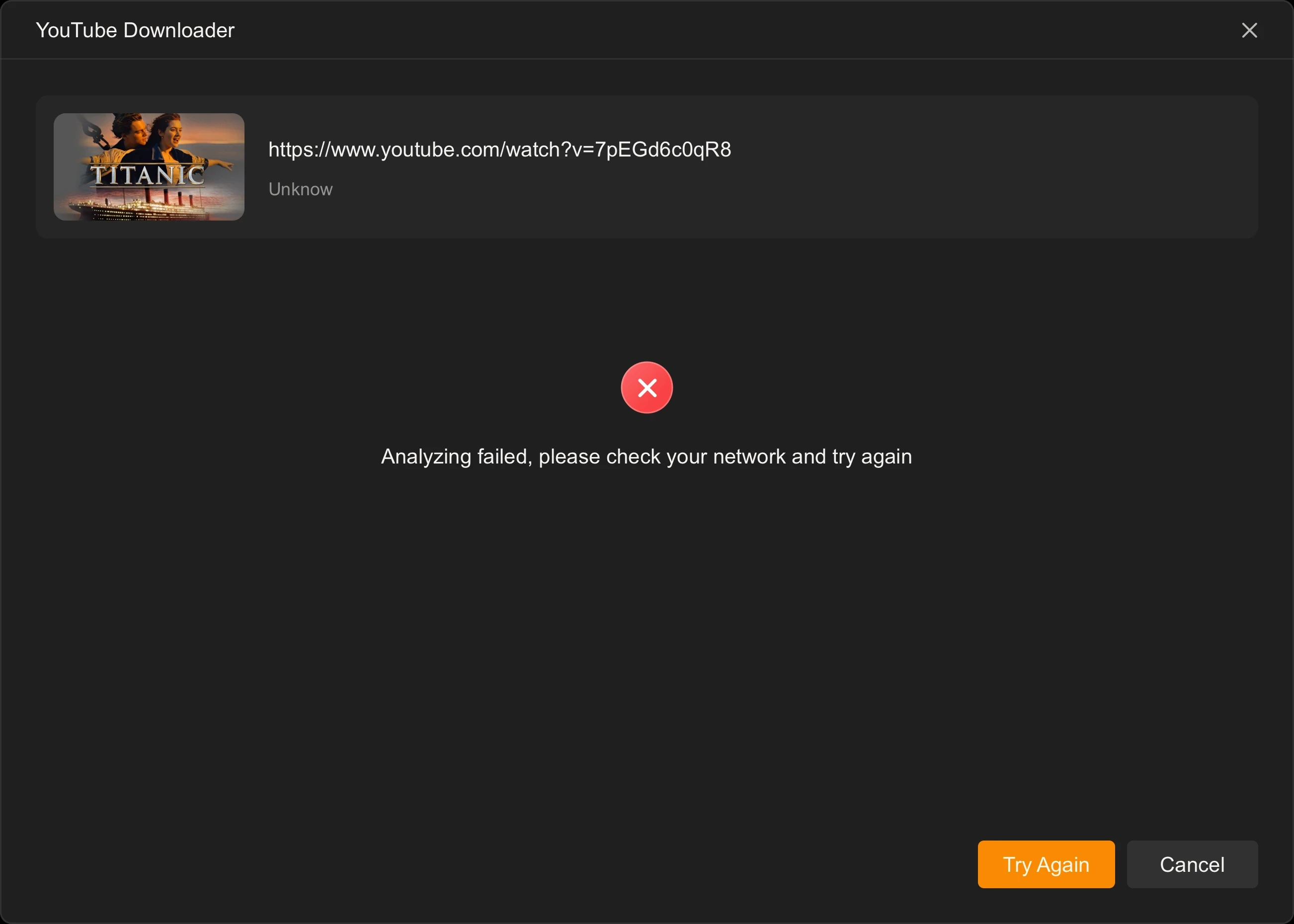 失败时 Try Again 占主位、Cancel 退到次位,失败原因用一句话写在按钮上方。中间那段空白是留给结果列表的高度,失败时它就是空的。