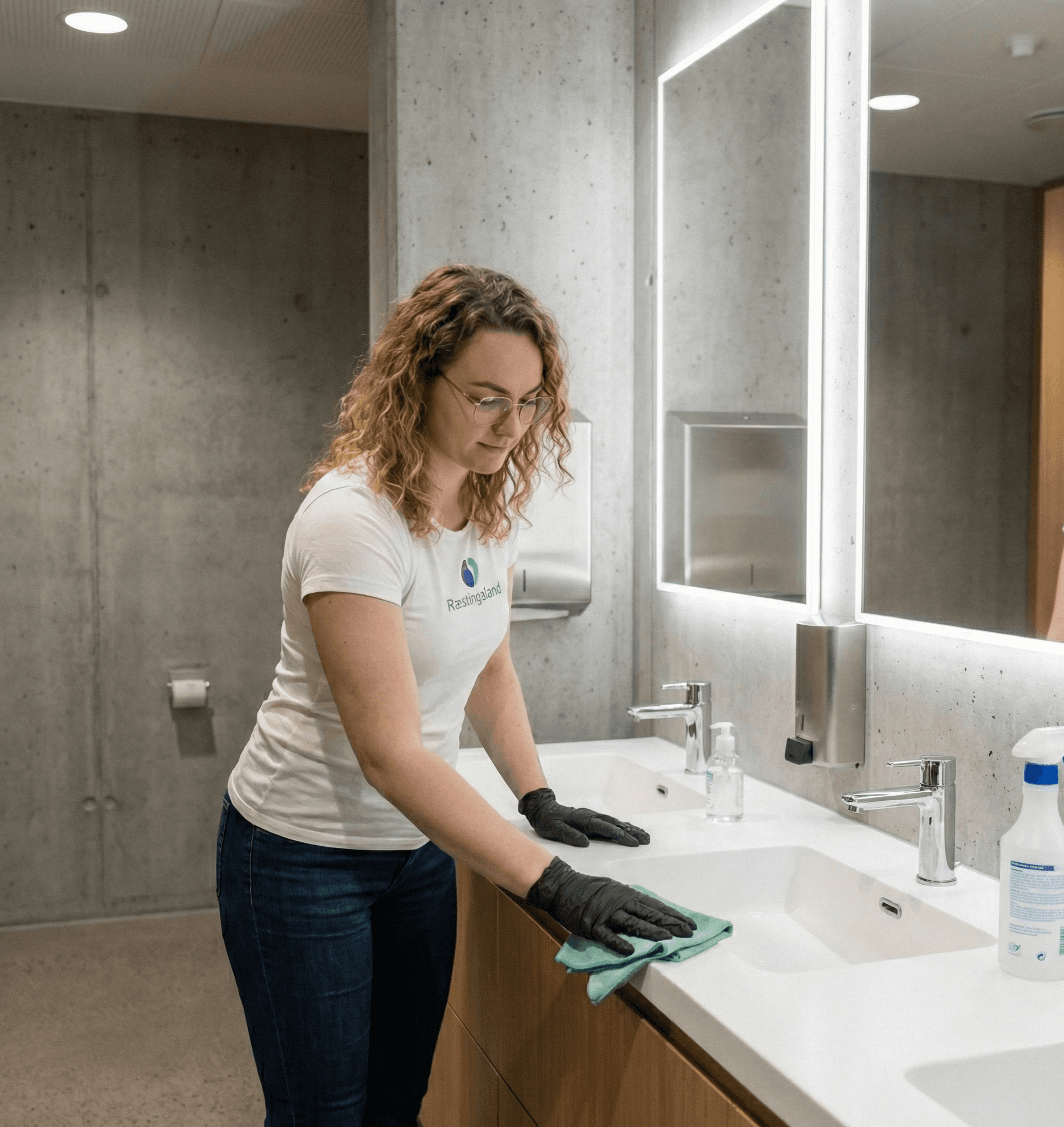 Sótthreinsun og þrif á vaski og spegli á snyrtingu vinnustaðar.