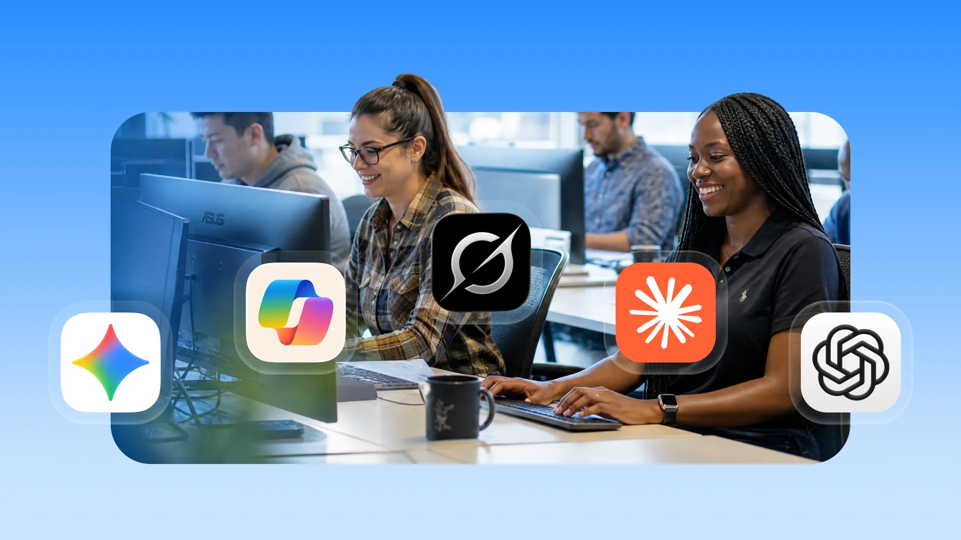 Office workers smiling and working at computers overlaid with icons for popular AI productivity tools like ChatGPT, Gemini, Claude, and Copilot, illustrating internal AI use cases for MSPs.
