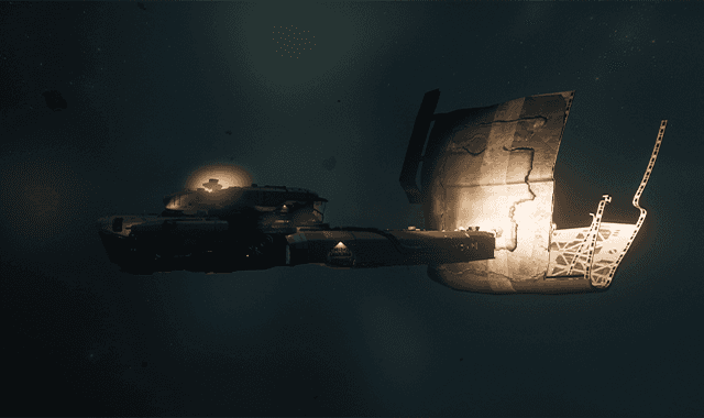 A Vulture is seen in space with a large, illuminated panel being salvaged using Abrade Scrapers near a Lagrange station in the Stanton system.