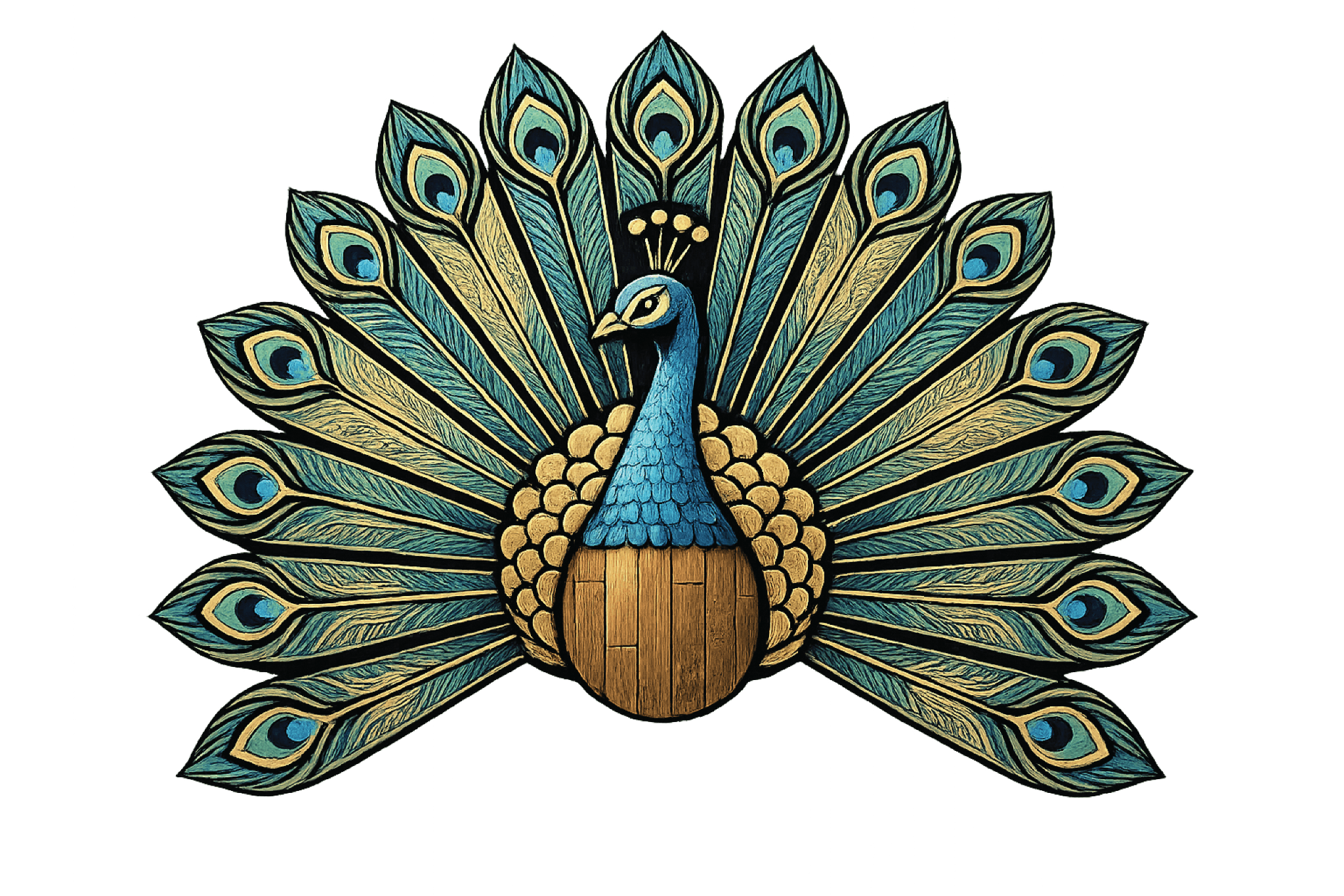 Inherited AI-generated concept: a highly textured peacock with a broad feather fan and wood-textured torso.