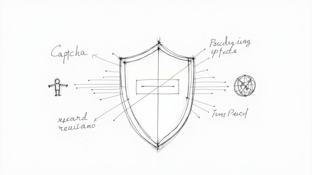Hand-drawn sketch diagram of shield with labeled parts including captcha, padding, fine panel, and second recaptcha