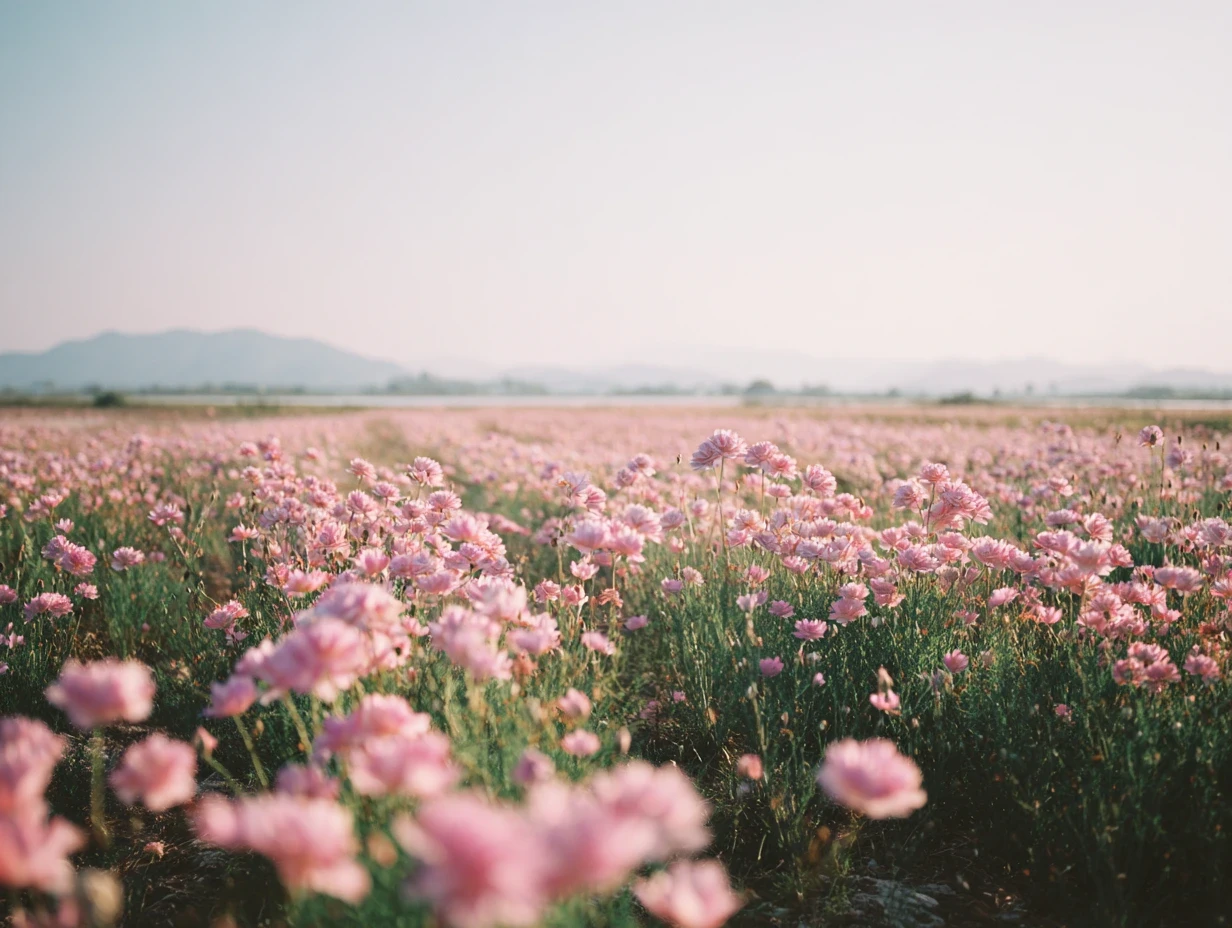 A field of light pink flowers stretches toward distant mountains under a bright, clear sky.