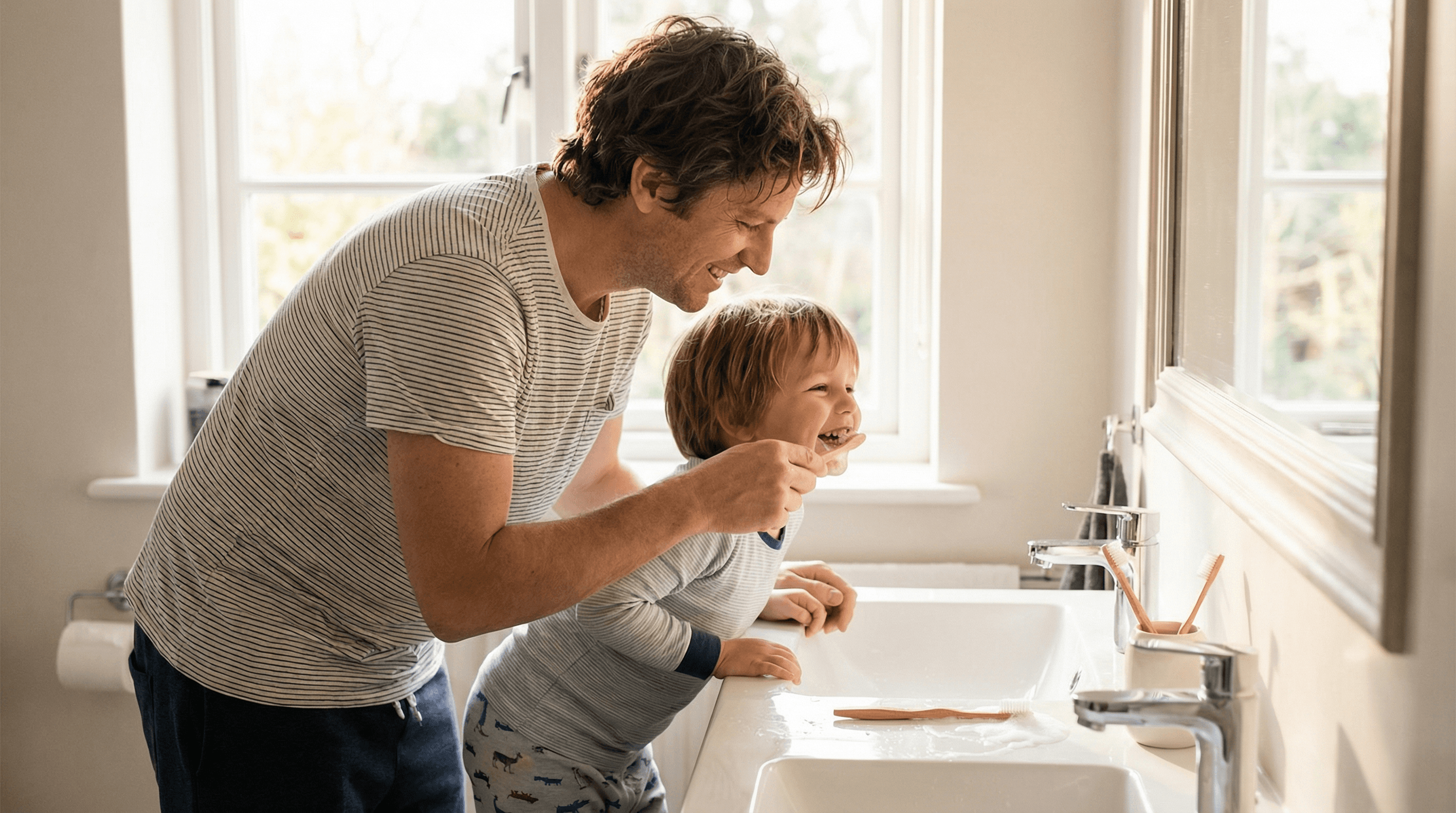 Parent and child brushing teeth together at home, demonstrating positive dental hygiene habits and family involvement in child's oral health at Veda Family Dentistry.