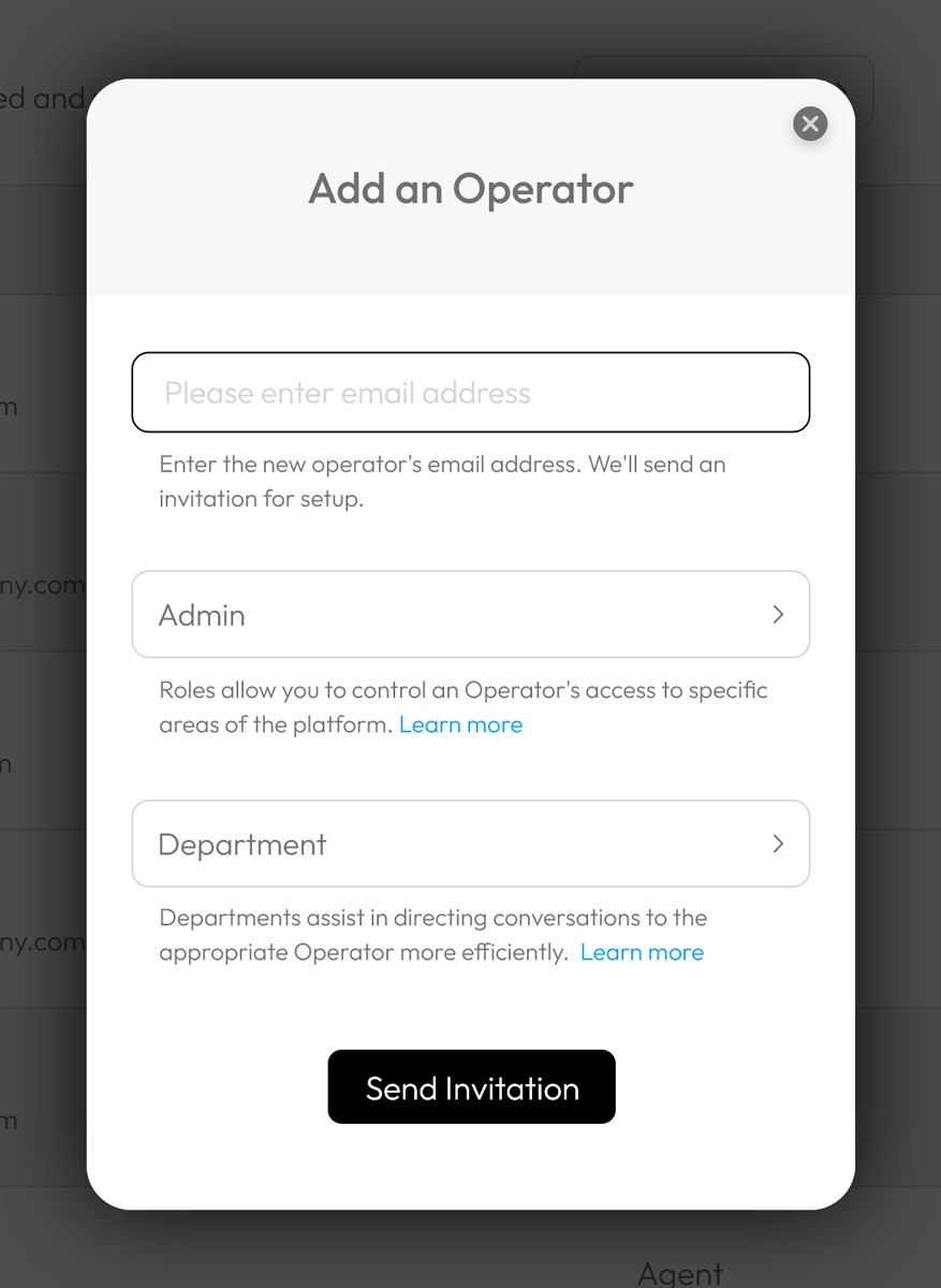 Add an Operator popup in AskDolphin showing fields for email, role selection, department selection, and a Send Invitation button.