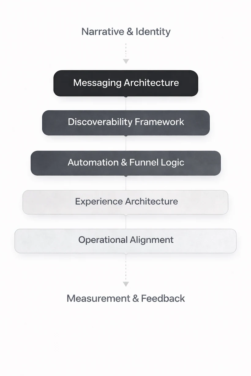 Digital systems diagram showing a vertical flow from “Narrative & Identity” down through five stacked layers: Messaging Architecture, Discoverability Framework, Automation & Funnel Logic, Experience Architecture, and Operational Alignment, ending with “Measurement & Feedback.”