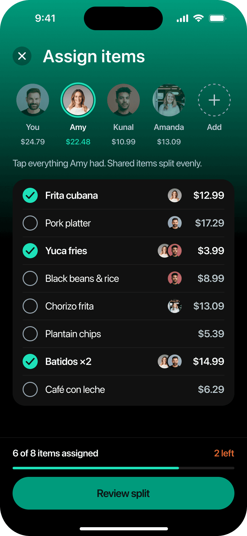 Assign items screen, built from seven components
