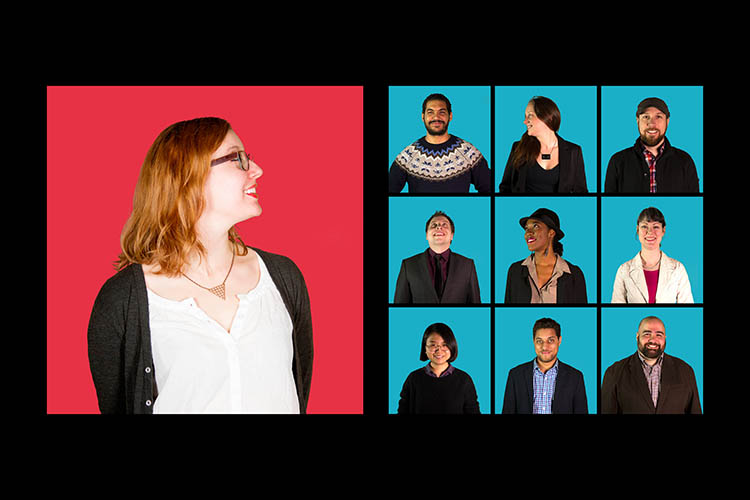 A collage of nine headshots shows diverse individuals against a red background on the left and teal background on the right. The left side features a woman with red hair, glasses, a white shirt, and a black cardigan. The right side displays eight people: a man with dark hair and a patterned sweater, a woman with dark hair and a black top, a man with dark hair and a light blue shirt, a woman with dark hair and a black top, a man with dark hair and a black sweater, a man with dark hair and a blue shirt, and a man with dark hair and a black jacket.