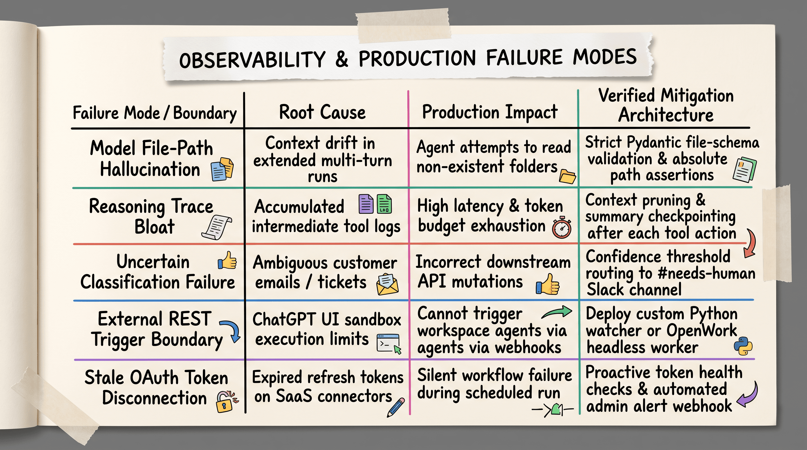 Observability and production failure modes matrix detailing errors root causes and architectural mitigations