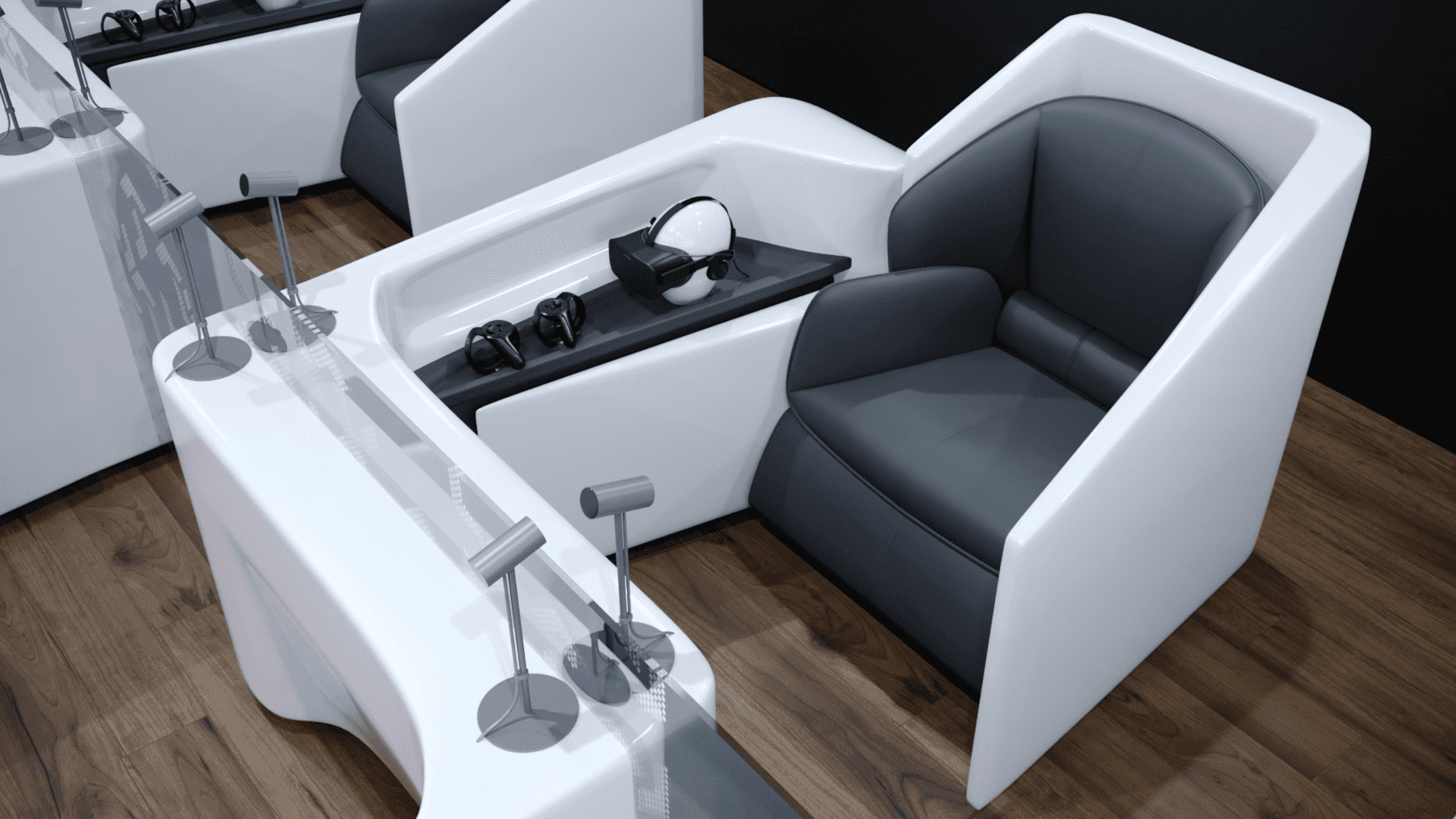 A modern, sleek white and black gaming chair setup on a wooden floor features a VR headset and controllers on a sidebar, designed for immersive virtual reality experiences.