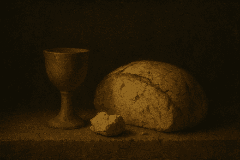 A loaf of bread and a clay cup sit on a dark table, softly lit in a simple, reverent scene.