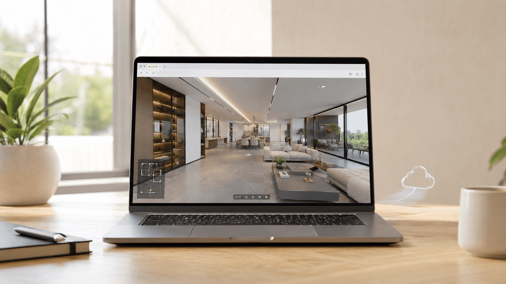 Thin modern laptop on a bright desk displaying a smooth interactive 3D architectural interior in a browser, with a subtle cloud-stream icon suggesting remote rendering.