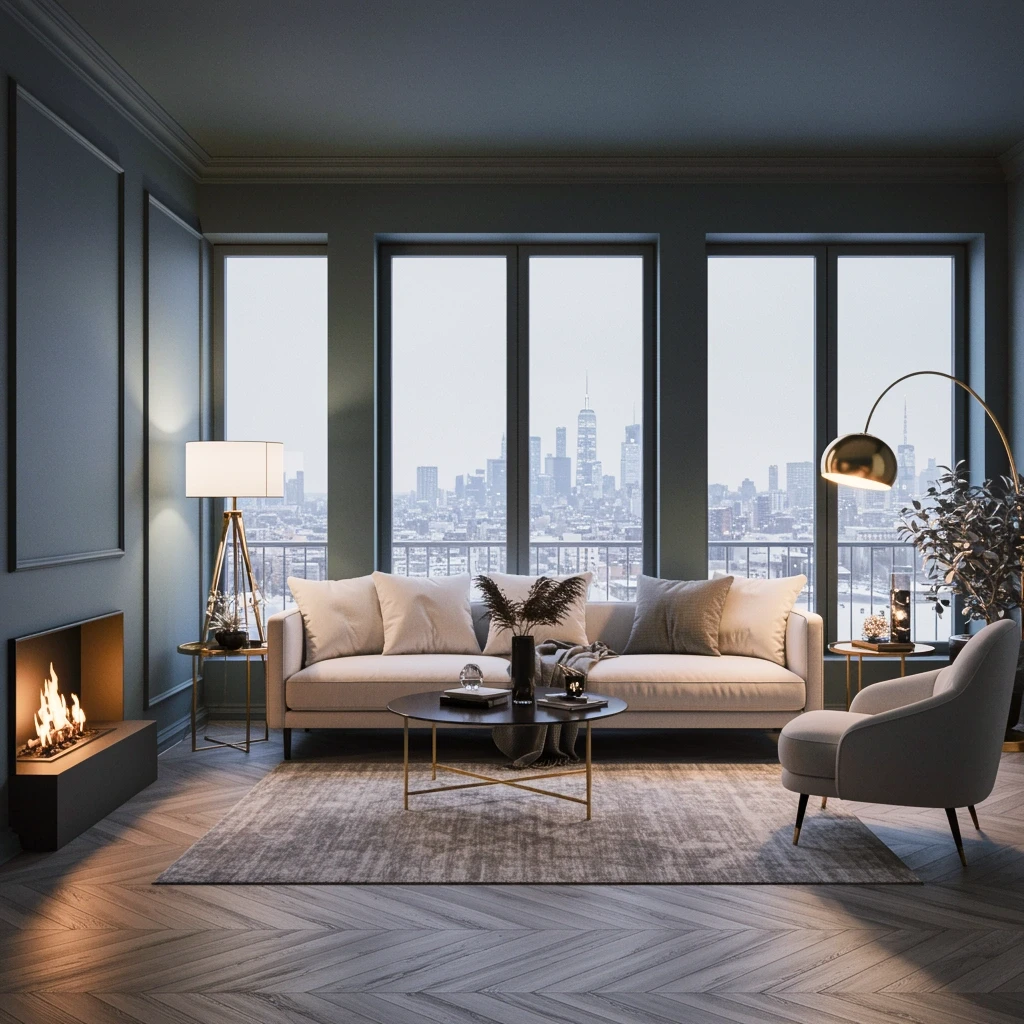 High-rise luxury living room with dark teal walls, gold accents, and city views
