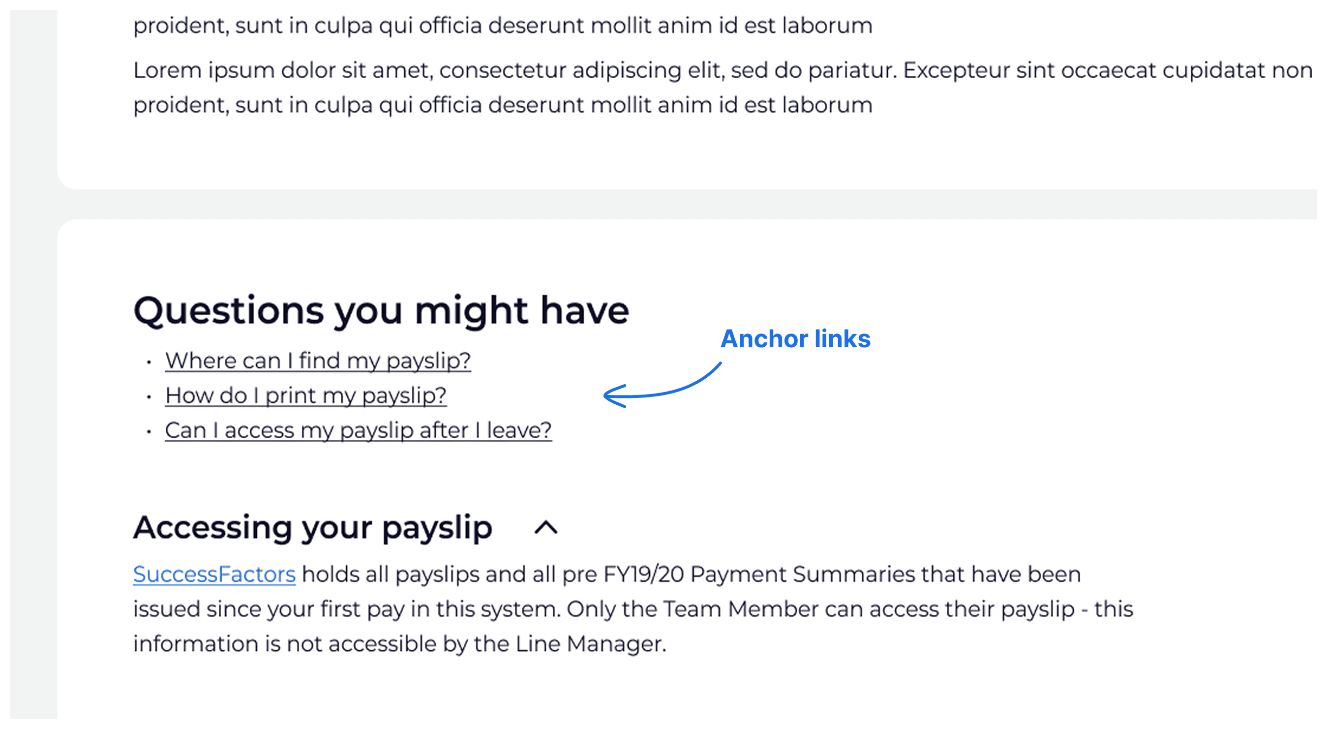 Screnshot showing anchor links