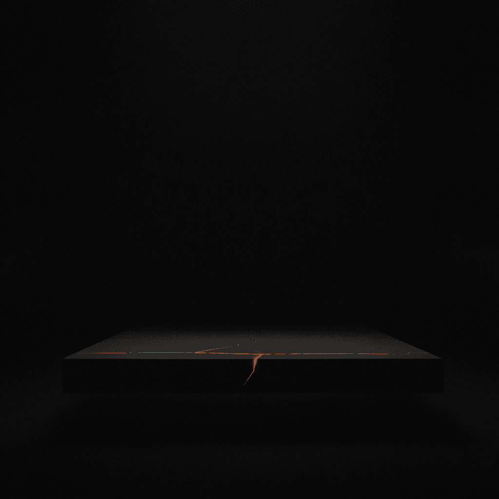 A single thin orange seam of light running through a fractured black architectural surface