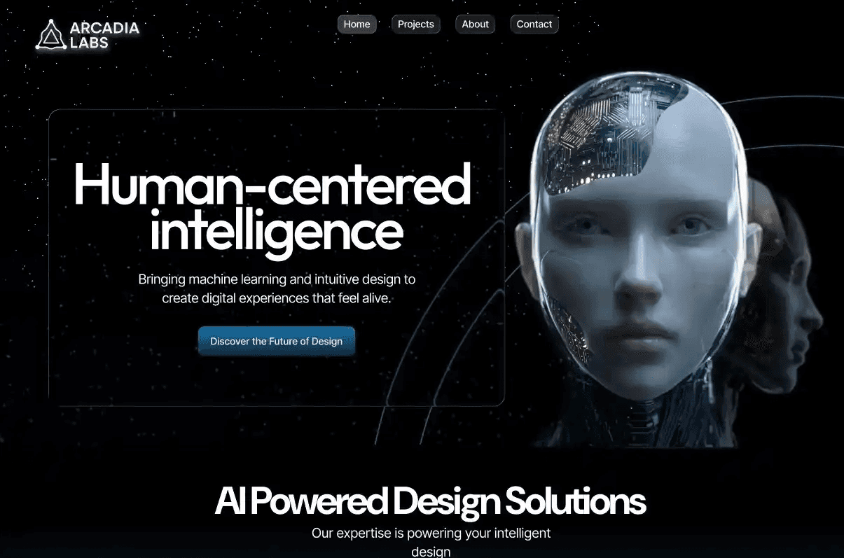 Hero section of the Arcadia Labs website featuring a digital humanoid head with a futuristic design. The text highlights 'Human-centered intelligence' and 'AI Powered Design Solutions' focused on machine learning and intuitive design.