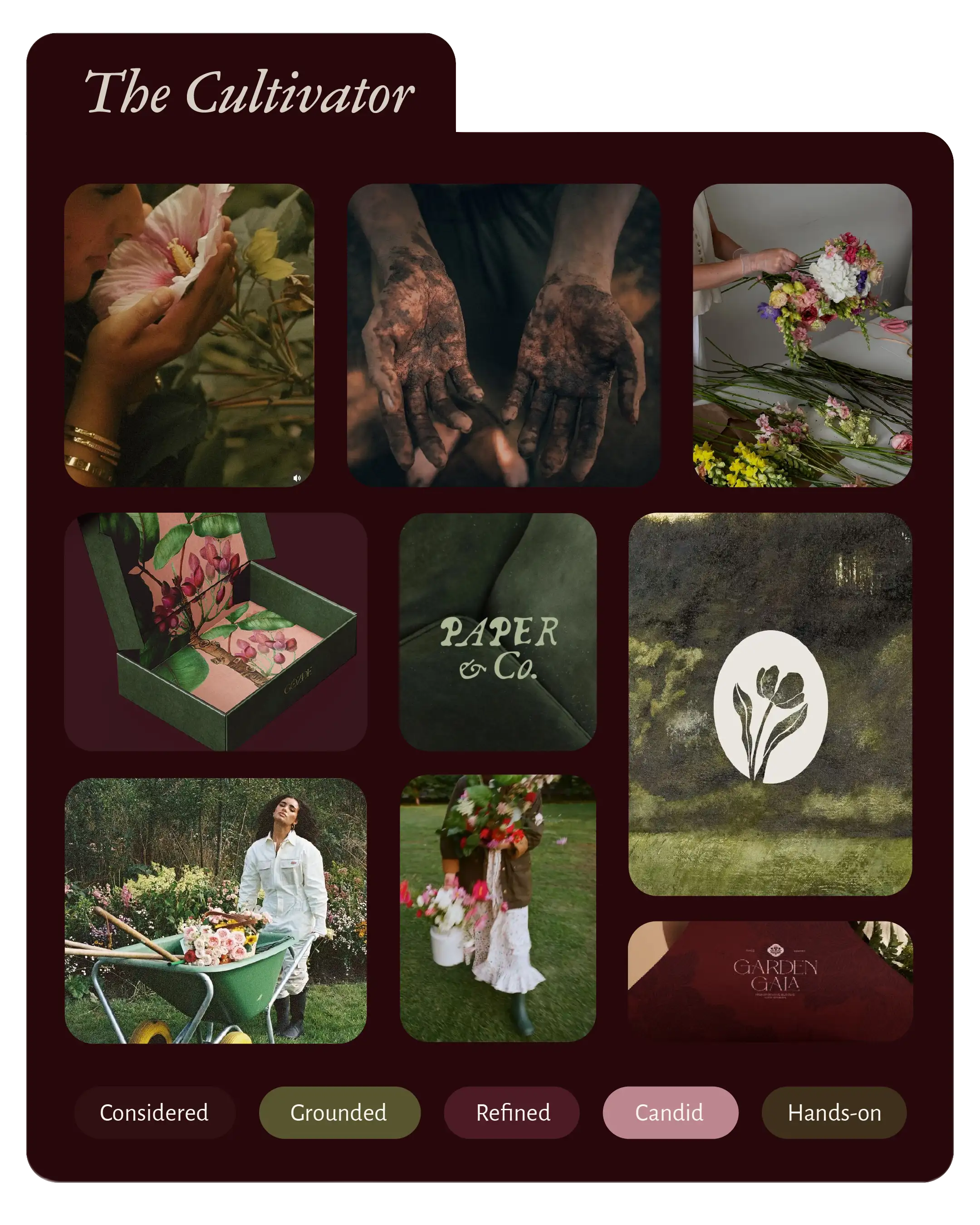 Tended brand moodboard — The Cultivator: hands in soil, flower farm photography, botanical packaging, and grounded floral brand references