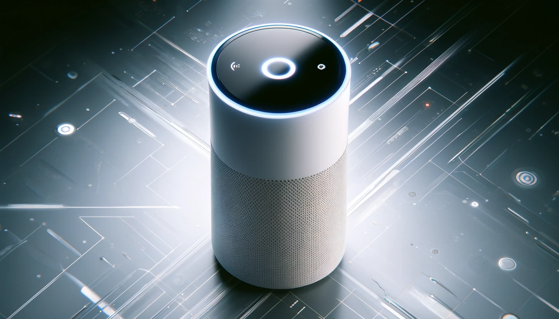 A sleek, modern digital assistant device set against a clean, white background with subtle cyberpunk elements. The device features faint neon accents and circuit patterns, reflecting a blend of advanced technology and minimalistic design. The overall aesthetic is clean and professional, emphasizing the futuristic capabilities of personal AI assistants.