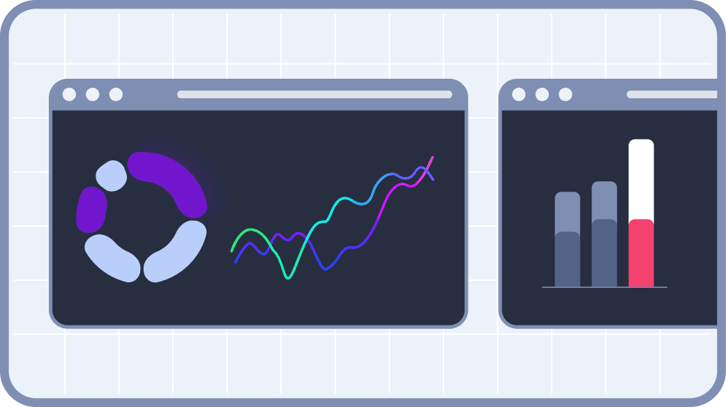 Dashboard displaying data visualizations: a pie chart, line graph, and bar chart on a dark background.