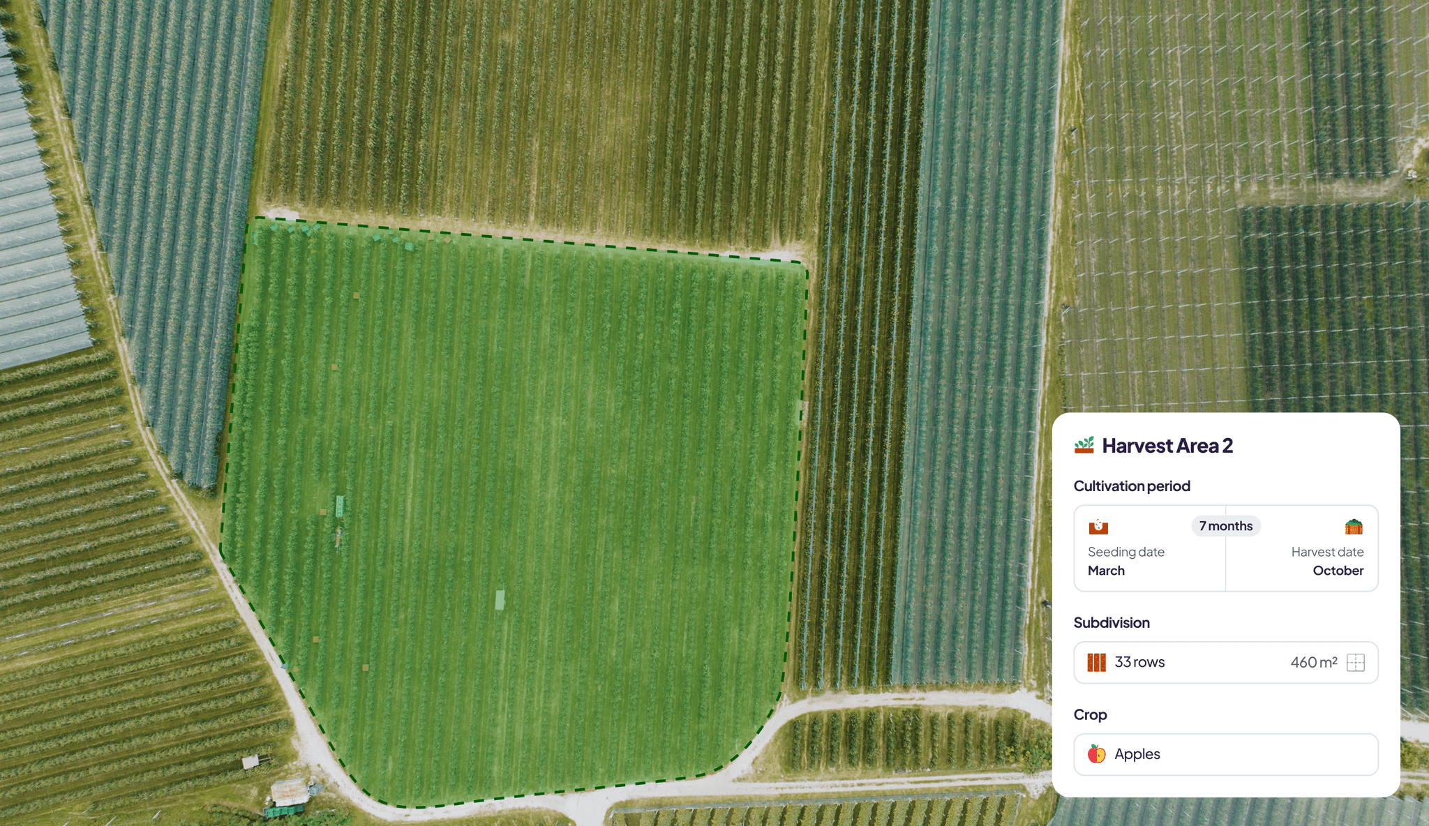 Satellite view of fields with designed detail of information