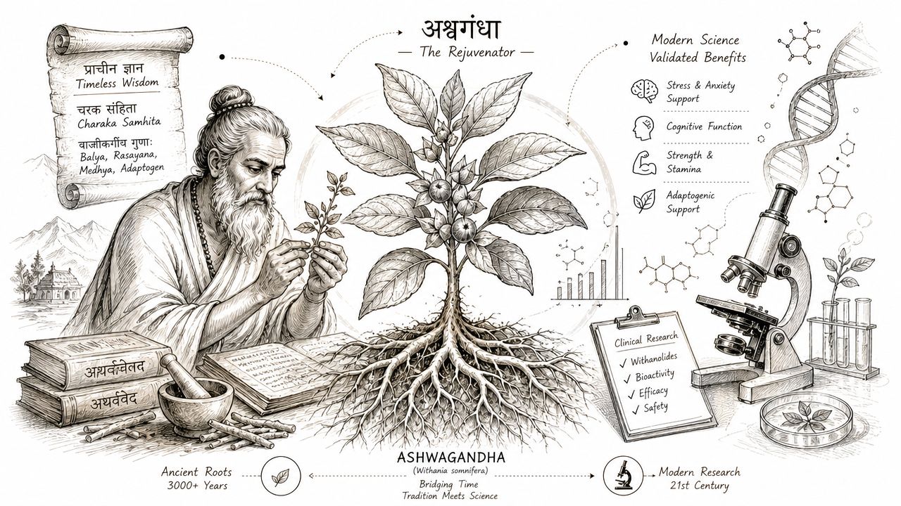 A botanical illustration depicting the transition of Ashwagandha from ancient Ayurvedic wisdom to modern scientific research.