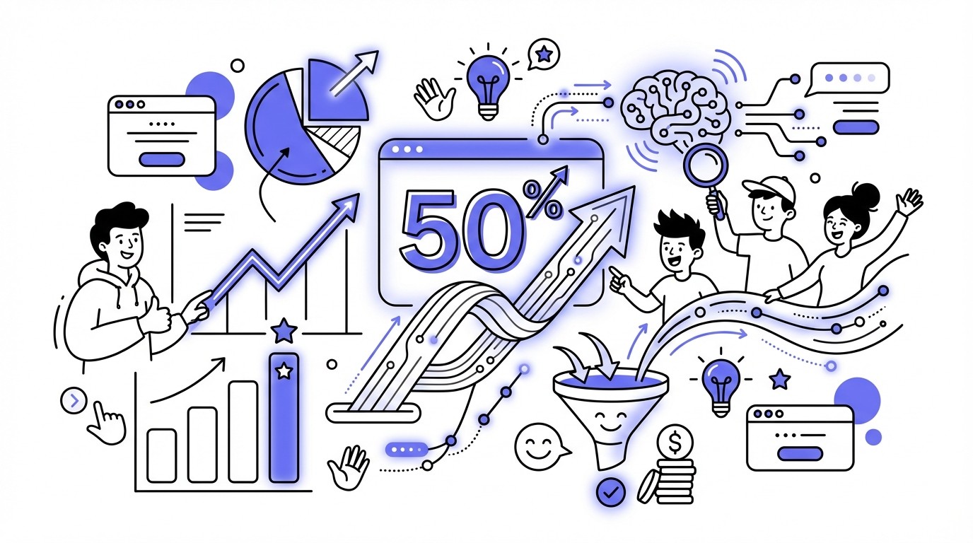 An infographic with a modern tech aesthetic, showing abstract charts and icons that represent a 50% increase in sales ROI due to AI.