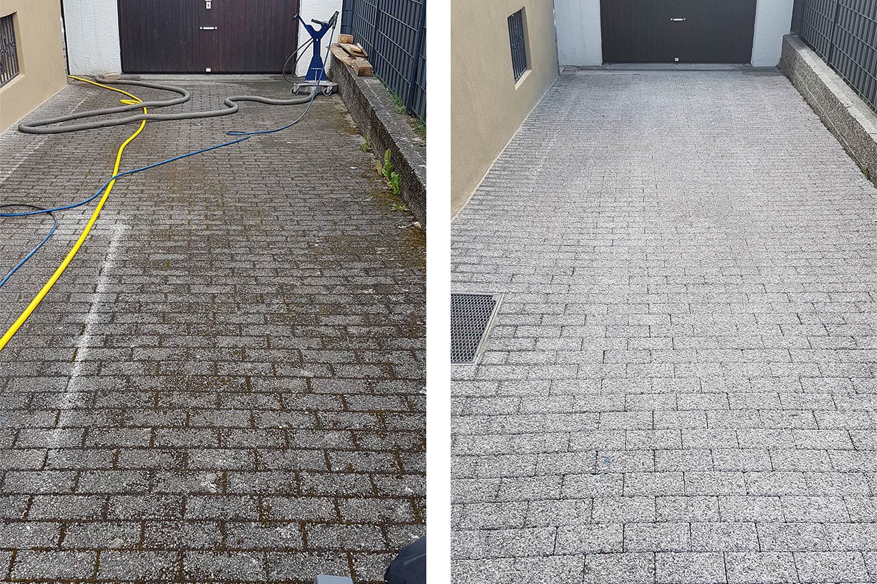 Vor- und Nachherbilder einer Garageneinfahrt nach einer Steinreinigung / Einfahrtenreinigung in Frankenthal (Pfalz)