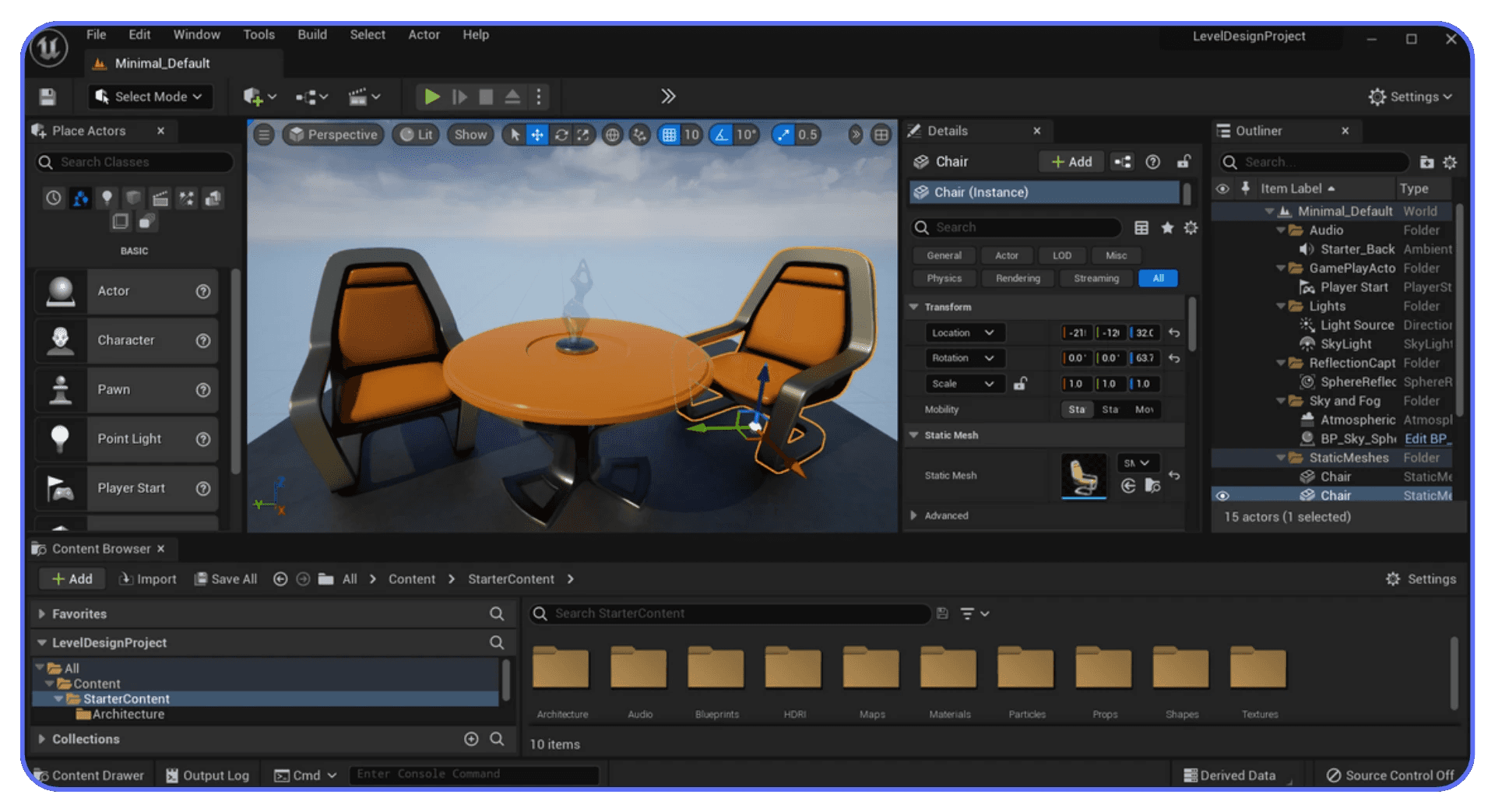 Unreal Engine 5 editor showing a small level with a round table and two chairs, with object details, outliner, and content browser panels visible.