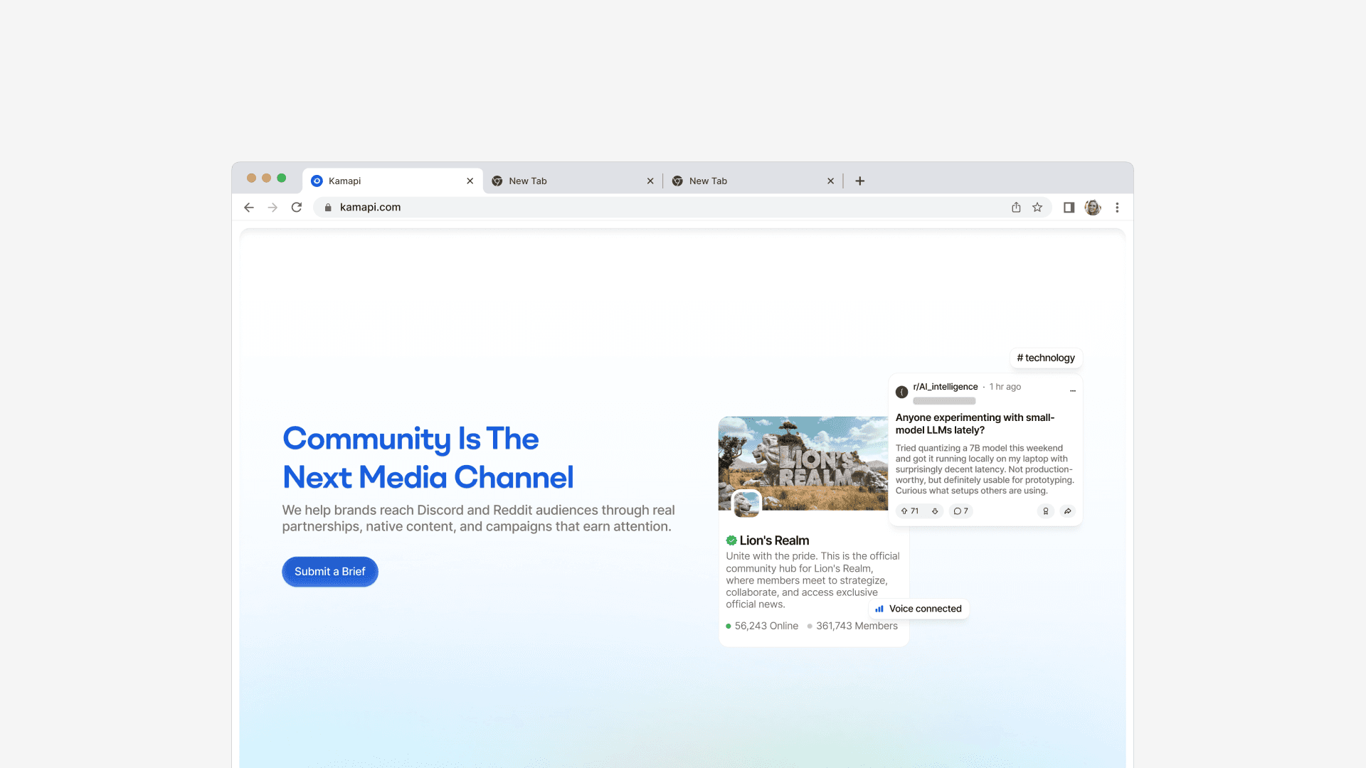 Webpage screenshot with heading 'Community Is The Next Media Channel' and a blue 'Submit a Brief' button. A pop-up shows a community post discussing AI.