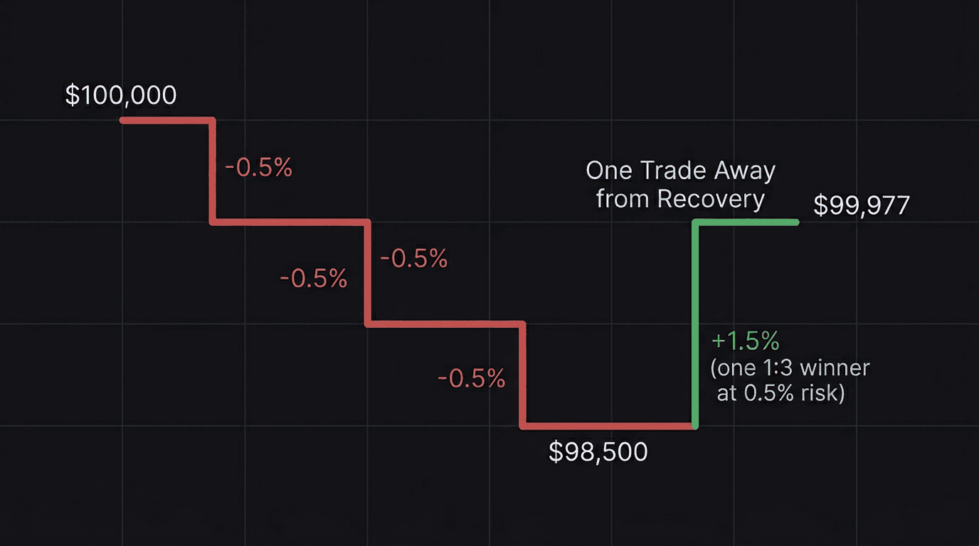 Diagram showing how one 1:3 R trade at 0.5% risk recovers a drawdown