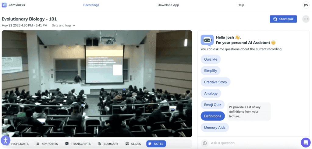Screenshot of the Jamworks platform displaying a list of interactive learning modes