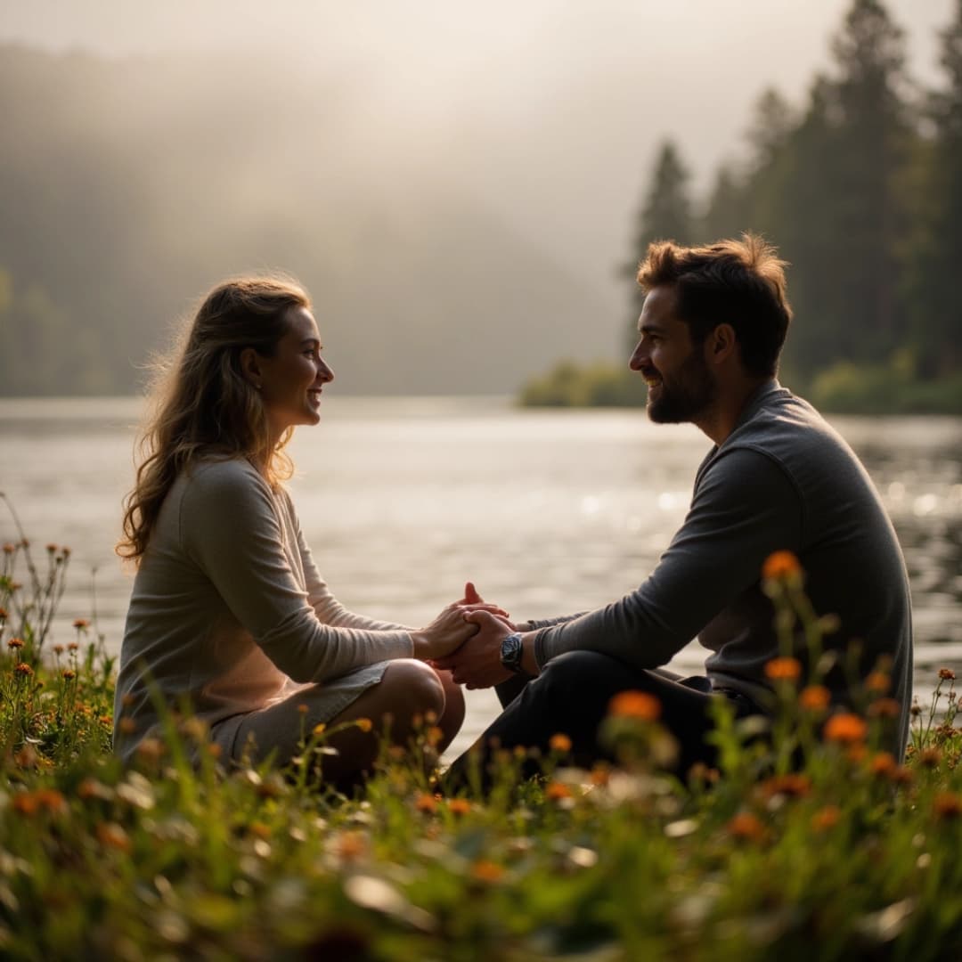 ein paar sitzt an einem see und hält händchen