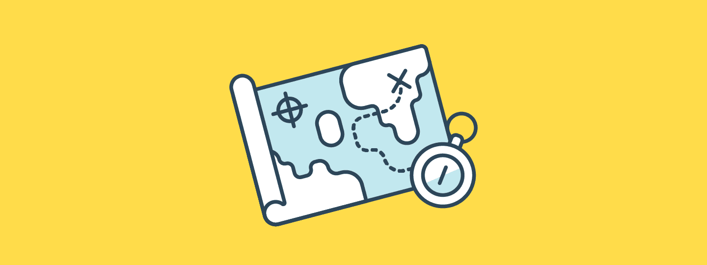 A graphic of a treasure map with a dotted path leading to an X, next to a compass
