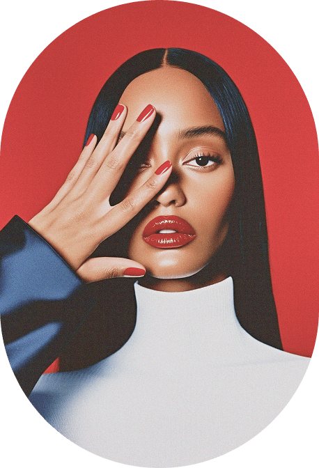 Woman in a white turtleneck covering one eye with her hand against a red backdrop