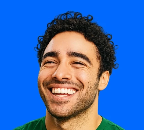 Man smiling user icon on a blue background