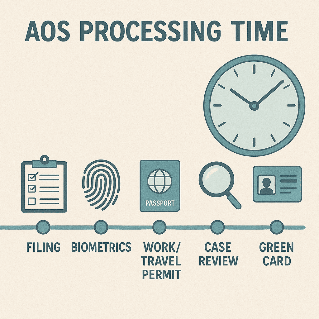 Flat vector infographic showing five stages of the AOS process: filing, biometrics, work/travel permit, case review, and green card approval, with icons along a timeline and a ticking clock symbolizing processing time.