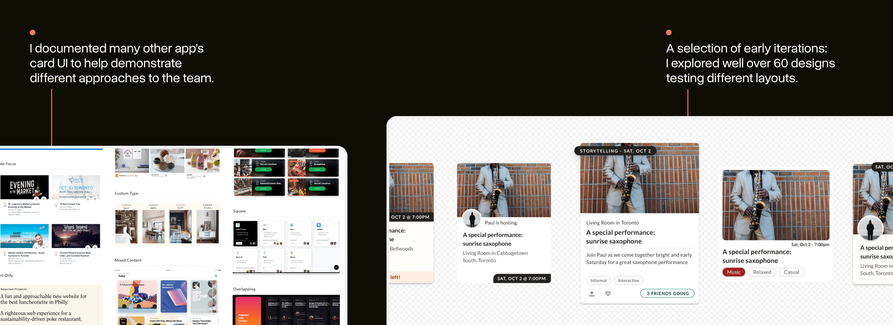 On the left, a selection of inspiration images for the card design is shown. On the right, a collage of a number of different iterations is presented. A caption highlights that over 60 designs were explored.