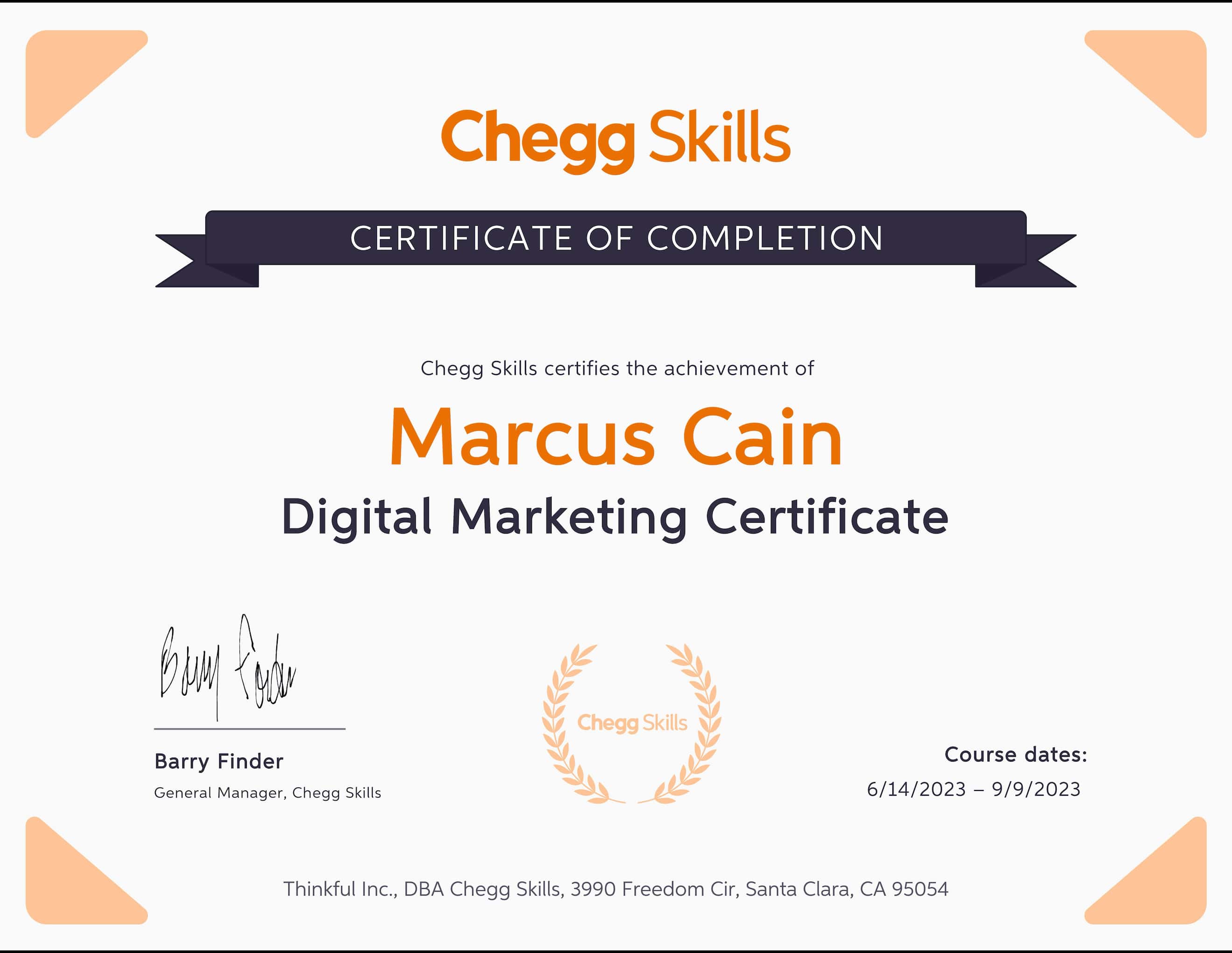 Digital Marketing certificate from chegg